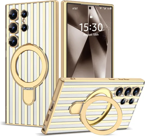 Vista 10 de Funda compatible con Samsung Galaxy S24 Plus con soporte de anillo magnético [compatible con Mag-Safe] protector de lente de cámara chapado Dorado