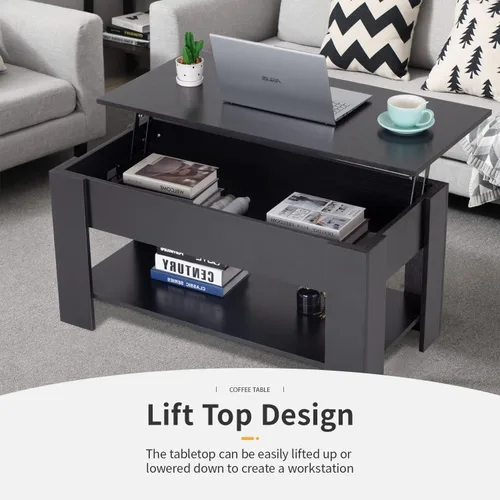 Vista 4 de FDW Mesa de Centro Elevable de 39.4 pulgadas con Compartimento Oculto y Estante de Almacenamiento, Tablero de Madera Elevable para Hogar, Sala