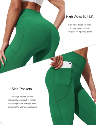 Vista 2 de PINSPARK Pantalones de yoga acampanados para mujer, leggings acanalados con corte de bota, cintura alta, pantalones de entrenamiento con bolsillos