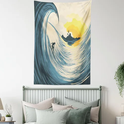 Vista 5 de Ambesonne Tapiz oceánico, ilustración de cielo nublado, isla tropical ola y surfista al atardecer paisaje marino, colgante de pared para dormitorio