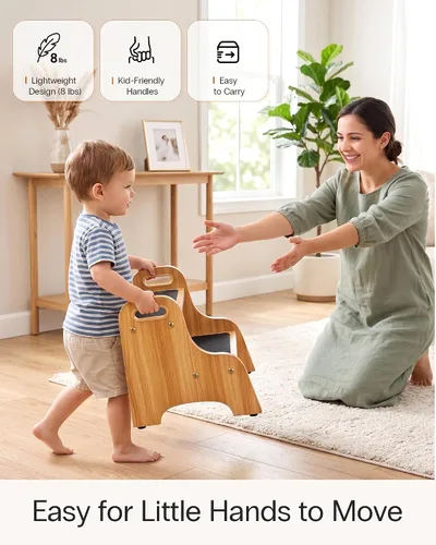 Vista 5 de StrongTek Paquete de 2 taburetes de madera de 2 escalones para niños y adultos, superficie antideslizante, almohadillas antideslizantes para pies