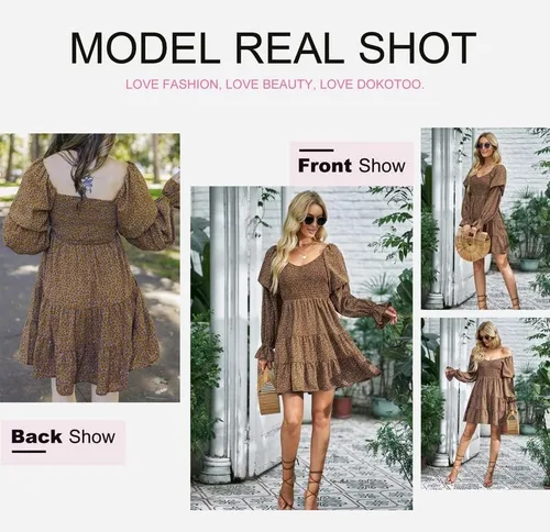Vista 4 de Dokotoo Vestido de otoño 2024 para mujer, elegante, hombros descubiertos, cuello en V, manga larga, volantes, mini vestidos cortos para patinadora