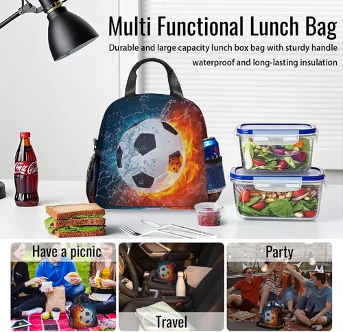 Vista 7 de Bolsa de almuerzo de fútbol con aislamiento, bolsa de comida de gran capacidad para niños, mujeres y hombres, bolsa enfriadora, impermeable, correa