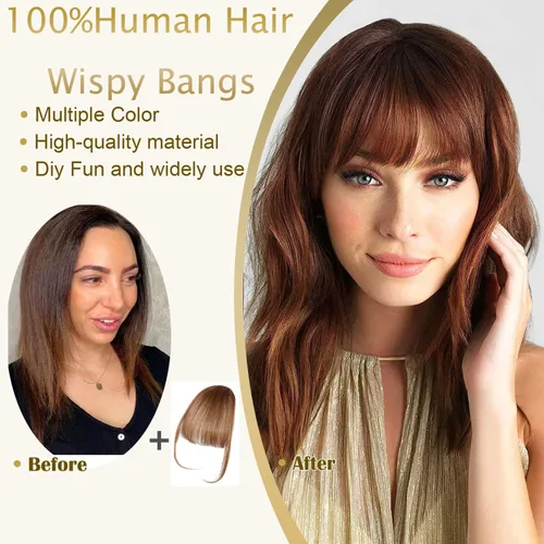 Vista 4 de Flequillo con clip, 100% cabello humano real, extensiones de cabello con clip, flecos con sienes para mujer, flequillo curvado, uso diario