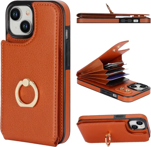 Vista 15 de Folosu Compatible con iPhone 15 Funda cartera con tarjetero con rotación de 360°, soporte de anillo de dedo con función atril, bloqueo RFID, de Negro