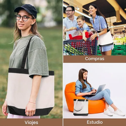 Vista 7 de Bolsa de lona con asas para mujer, bolsa de tela reutilizable para comestibles y compras - Bolsa de algodón en blanco, adecuada para proyectos