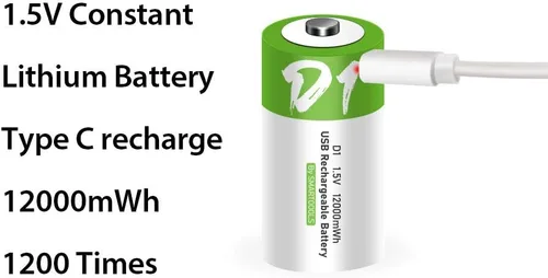 Vista 3 de Baterías D recargables de 1.5 V, 12000 mWh, batería recargable D de iones de litio USB con cable de carga USB tipo C, carga rápida de alta