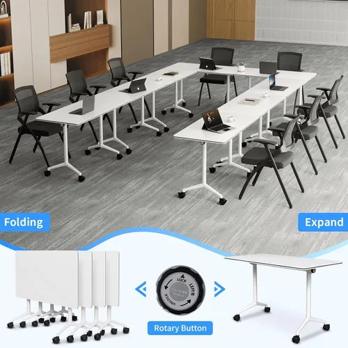Vista 4 de Mesa de sala de conferencias, mesa de conferencias plegable móvil con ruedas, modernas mesas de entrenamiento apilables con parte superior abatible