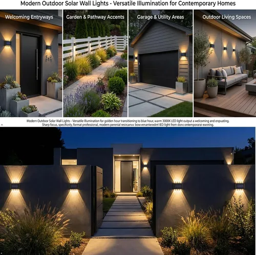 Vista 7 de ASLIDECOR 10 luces LED solares de pared hacia arriba, paquete de 4 lámparas iluminadas con sensor de luz solar al aire libre, IP65, impermeable