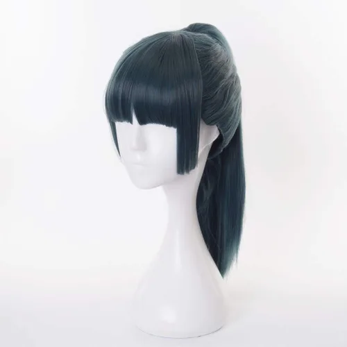 Vista 3 de Cosplay Zenin Maki peluca verde para anime japonés Jujutsu Kaisen peluca de longitud media cola de caballo peluca de Halloween disfraz fiesta peluca
