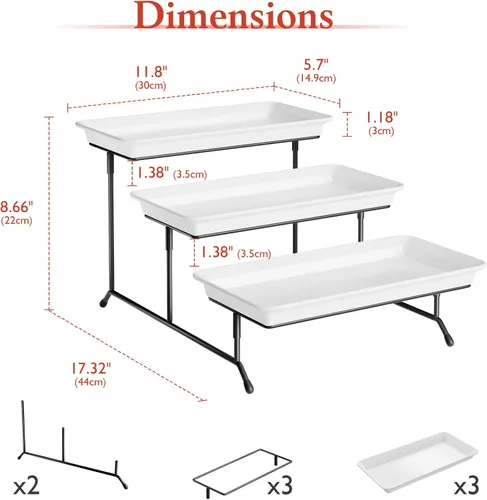 Vista 2 de Set de bandejas de servir de 3 niveles de melamina, bandejas de 29 x 14 pulgadas para servir alimentos, bandejas reutilizables blancas con soporte