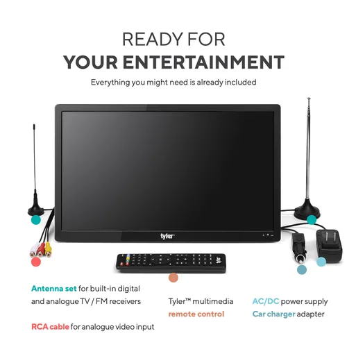 Vista 5 de Tyler TV Monitor LCD Portátil de 16" con Batería Capacidad Inalámbrica HD-TV, HDMI, USB, RCA, AC/DC, Radio FM, Cargador de Coche, Control Remoto