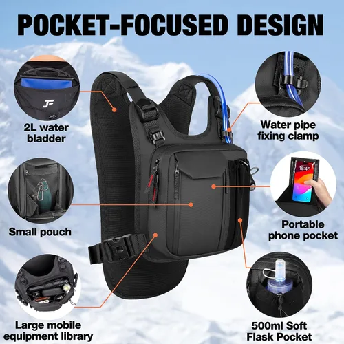 Vista 5 de JXFUKAL Chaleco para Correr, Mochila de Hidratación Ligera con Vejiga de Agua de 2L, Paquete de Hidratación Reflectante, Bolsa Táctica para el Pecho