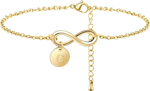 Vista 2 de Pulseras de oro con inicial para mujer, delicadas pulseras de oro de 14 quilates, con cadena de clip y letra inicial, 26 cuentas de disco