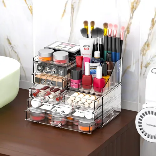 Vista 8 de Cq acrylic Organizadores de maquillaje para tocador con 6 cajones, paquete de 2 organizadores de cajones transparentes, bonitos accesorios
