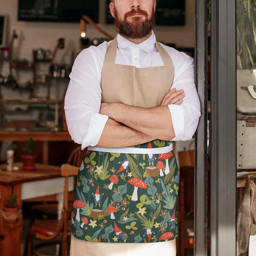 Vista 7 de Delantal de media cintura con patrón de hongos con 3 bolsillos para restaurante con correa larga, delantales a juego para mujeres y hombres