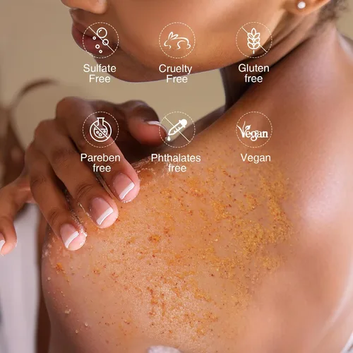 Vista 9 de Exfoliante corporal de cúrcuma, vitamina C, exfoliante corporal con colágeno y aceite de coco, removedor de piel muerta, exfoliante natural suave e