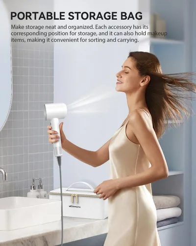 Vista 8 de Secador de pelo de alta velocidad iónico para cabello rizado, silencioso con control térmico y boquilla para viajes en casa, color blanco