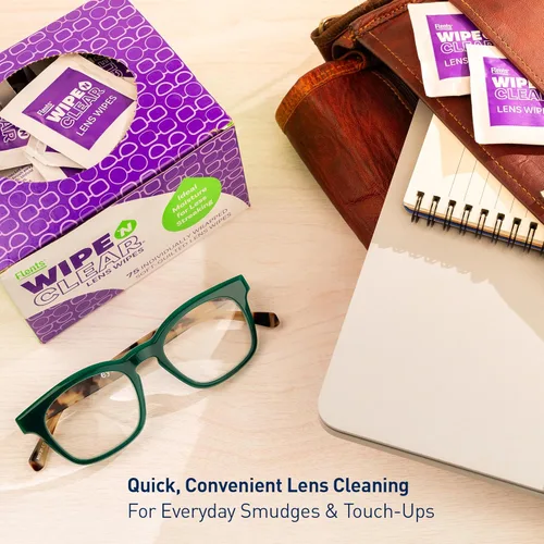 Vista 2 de Flents Wipe 'N Clear Toallitas de limpieza biodegradables para lentes de 75 unidades, toallitas limpiadoras de lentes envueltas individualmente