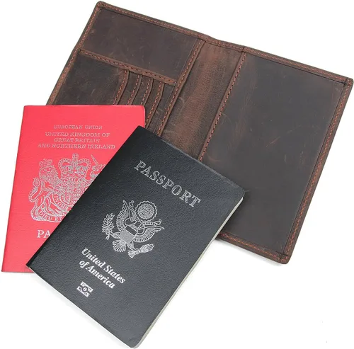 Vista 9 de Cartera plegable de viaje con bloqueo RFID de cuero genuino para pasaporte, Marrón oscuro, Cartera Rfid
