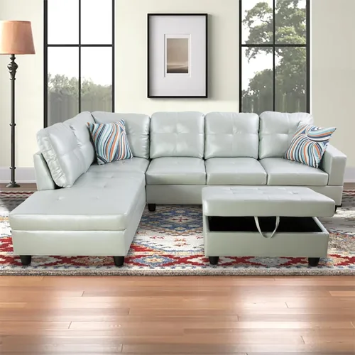 Vista 6 de Sofá modular para sala de estar, sofá seccional de cuero marrón en forma de L con diván y otomano de almacenamiento para sala de estar, B- marrón