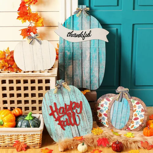 Vista 4 de Kigley Juego de 4 decoraciones de porche de madera para exteriores, decoración de porche delantero de otoño, decoración de Acción de Gracias, otoño