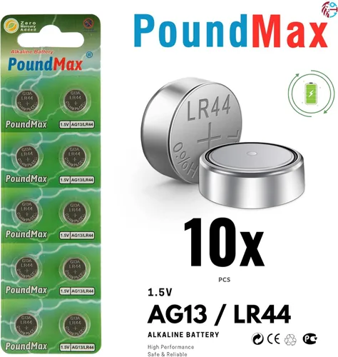 Vista 2 de PoundMax 10 x AG13 LR44 1.5 V Batería de botón de celda alcalina