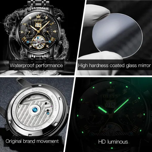 Vista 18 de OLEVS Relojes automáticos para hombre, oro de lujo, vestido de diamantes de cuerda automática, esqueleto mecánico, Tourbillon, reloj de pulsera