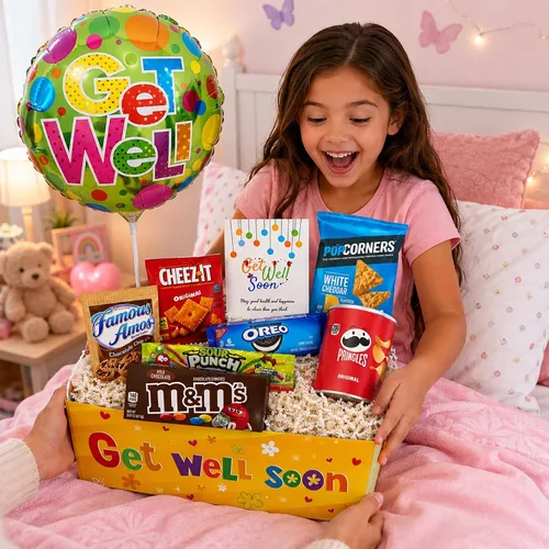 Vista 3 de Cesta de regalo PARA RECUPERARSE, paquete para niños unisex, niño o niña, paquete de cuidado, que te mejores pronto para el hogar u hospital después