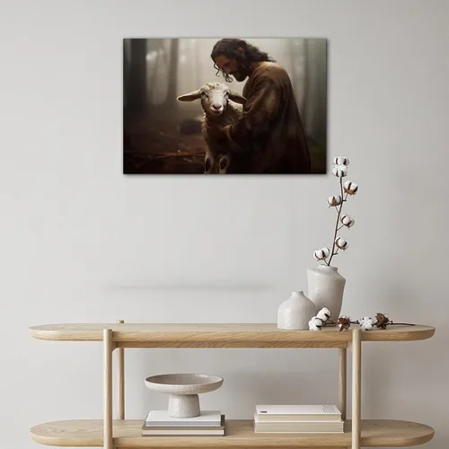 Vista 3 de Arte de pared en lienzo de Jesús y Cordero, Arte de pared en lienzo de Jesús abrazando a un cordero fangoso, Arte de pared cristiano para decoración