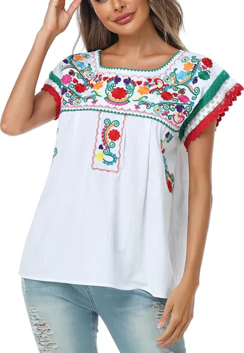 Vista 3 de YZXDORWJ Blusa tradicional colorida con encaje bordado mexicano para mujer, camiseta tricolor para el día de la independencia mexicana