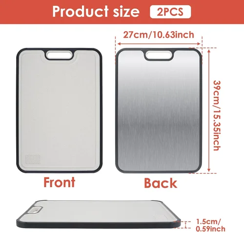 Vista 2 de 2 tablas de cortar de doble cara resistentes de acero inoxidable y polipropileno para cocina con área de molienda, tabla de cortar carne, apta