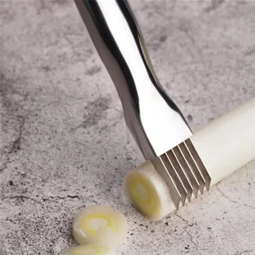Vista 5 de Cortador de cebolla picada de acero inoxidable, multifuncional para alimentos, cuchillo de cebolla, herramienta de cocina, rebanada de cubiertos