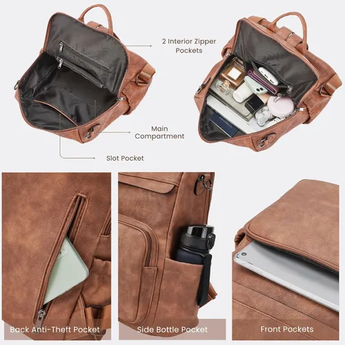 Vista 8 de Mochila antirrobo para mujer, mochila convertible 3 en 1 de cuero vegano con cremallera oculta, hombro ajustable y bolsa cruzada para viajes