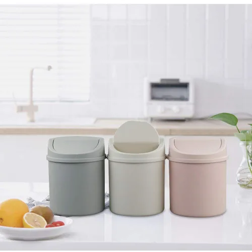 Vista 7 de Mini basurero de escritorio de 2 litros con tapa oscilante, cubo de basura pequeño (blanco)