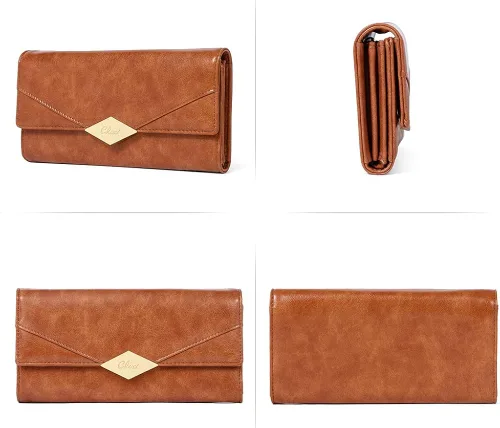 Vista 6 de Cartera de cuero suave para mujer con tres pliegues y organizador de tarjetas