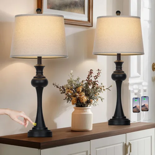 Vista 10 de CINSARY Lámpara de mesa marrón alta de 29", lámpara de noche con control táctil regulable en 3 vías con USB A+C y toma de corriente AC
