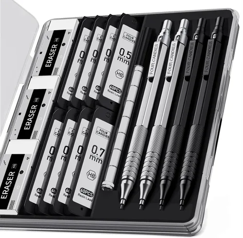 Vista 11 de Four Candies - Juego de 2 lápices mecánicos metálicos con estuche, lápices de artista de 0.5 mm y 0.7 mm con 6 tubos (360 piezas) de recambios