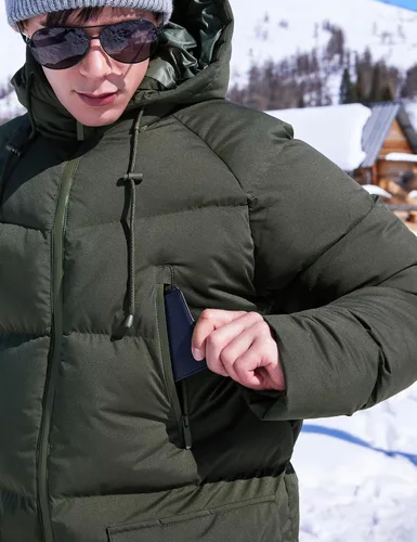 Vista 5 de Abrigo largo de invierno con capucha para hombre, chaqueta acolchada cálida resistente al agua para clima frío, parka