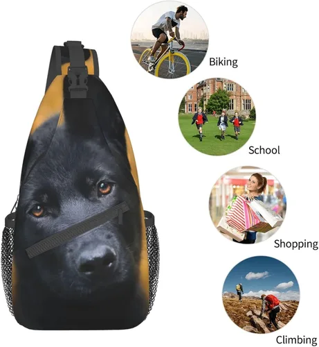 Vista 6 de Bolso cruzado de piña dorada, bolsa de hombro, mochila de senderismo al aire libre, adecuada para hombres y mujeres, Perro pastor alemán negro