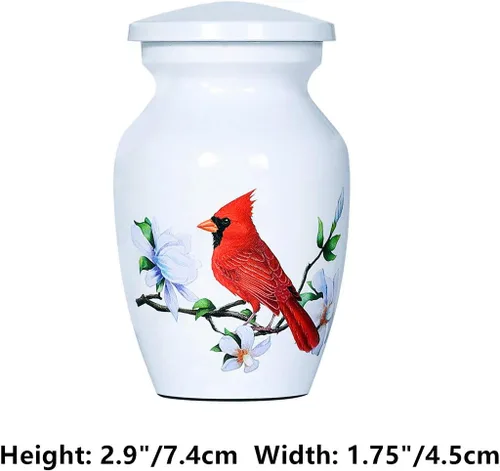 Vista 2 de Red Cardinal Bird - Urna de recuerdo pequeña para cenizas humanas o cenizas de mascotas, mini urna de cremación de aluminio para cenizas - Soporte