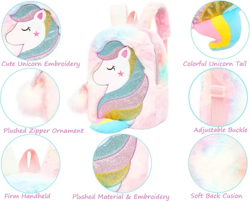 Vista 6 de CBOALOGR - Mochila pequeña de peluche de unicornio para niñas de 3 a 6 años, Bonita bolsa de viaje de unicornio de peluche para niños pequeños