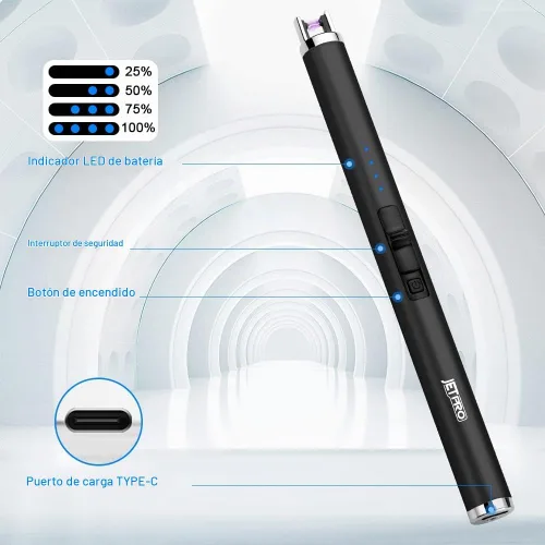 Vista 3 de Encendedor de velas recargable por USB, encendedor de arco electrónico, resistente al viento, sin llama, con botón de seguridad para camping Negro