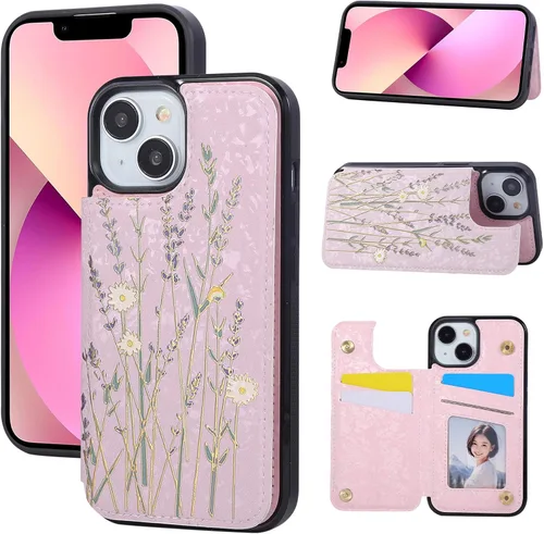 Vista 32 de UEEBAI Funda tipo cartera para iPhone 13 con tarjeteros, piel sintética, diseño floral, función atril, bloqueo RFID, doble cierre magnético, funda