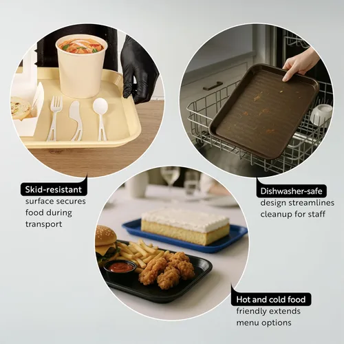 Vista 3 de Restaurantware Bandejas de comida rápida, paquete de 10 bandejas de plástico para cafetería, de 10 x 14 pulgadas, rectangulares verdes, aptas