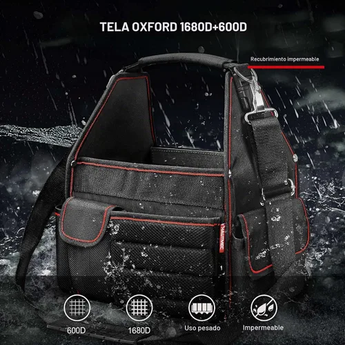 Vista 7 de Bolsa de herramientas Hautmec Tool Tote Pro para electricista, bolsa de herramientas de 18 bolsillos, parte superior abierta, con correa de hombro
