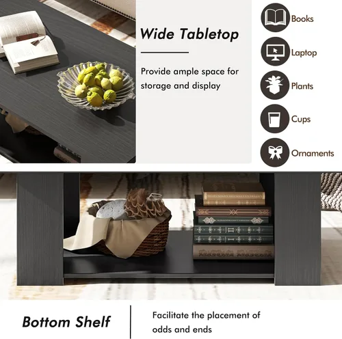 Vista 6 de Tangkula Mesa auxiliar de 2 niveles, moderna mesa de cóctel rectangular con 5 patas de soporte, muebles de sala de estar con acento de madera, mesa