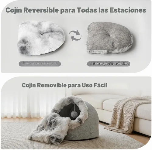 Vista 6 de Avont Cueva de cama para gatos de interior, semi-cerrada con cojín lavable