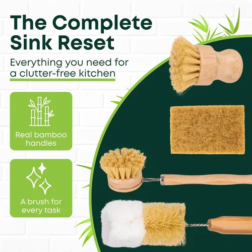 Vista 7 de Tieralia Juego de 5 cepillos de bambú para platos, kit de limpieza de cocina ecológico con cepillo para botellas, cepillo largo para platos