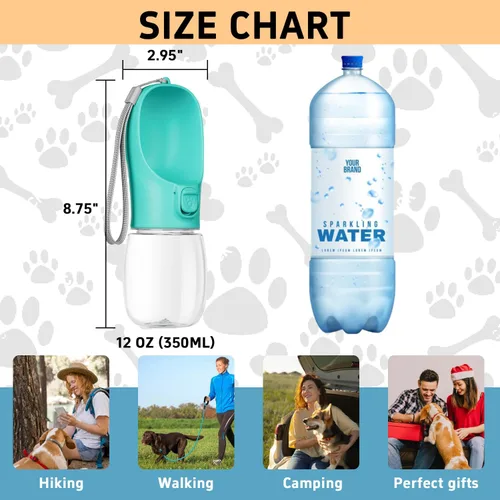 Vista 6 de Botella de agua portátil para perro con cuenco, a prueba de fugas, conveniente para caminar, senderismo y campamento (azul, 12 onzas)